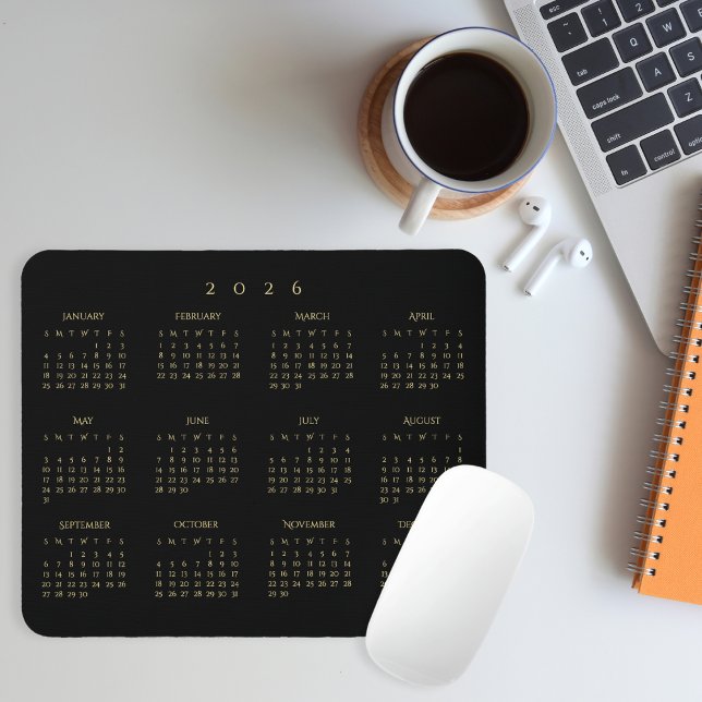 Tapis De Souris Calendrier annuel 2026 Black Gold pour le bureau à (2026 Black Gold Full Year Calendar Home Office Mouse Pad)