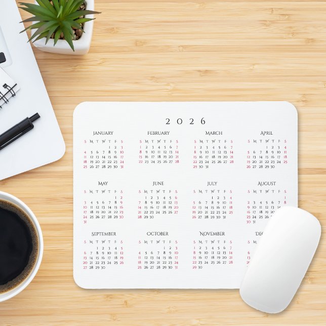 Tapis De Souris Calendrier annuel simple pour le bureau 2026 (Simple Home Office 2026 Full Year Yearly Calendar Mouse Pad)