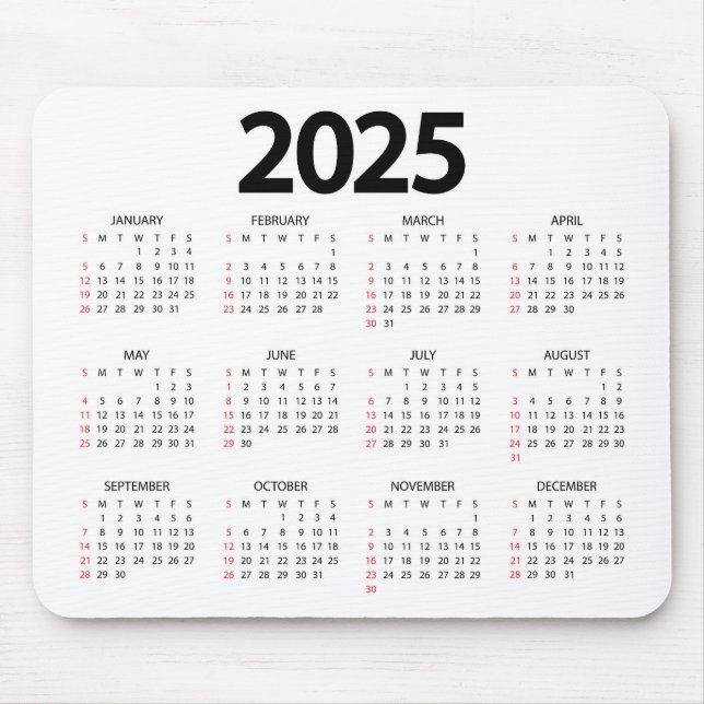 Tapis De Souris Calendrier Arrière - plan blanc Super Simple 2025 (Devant)