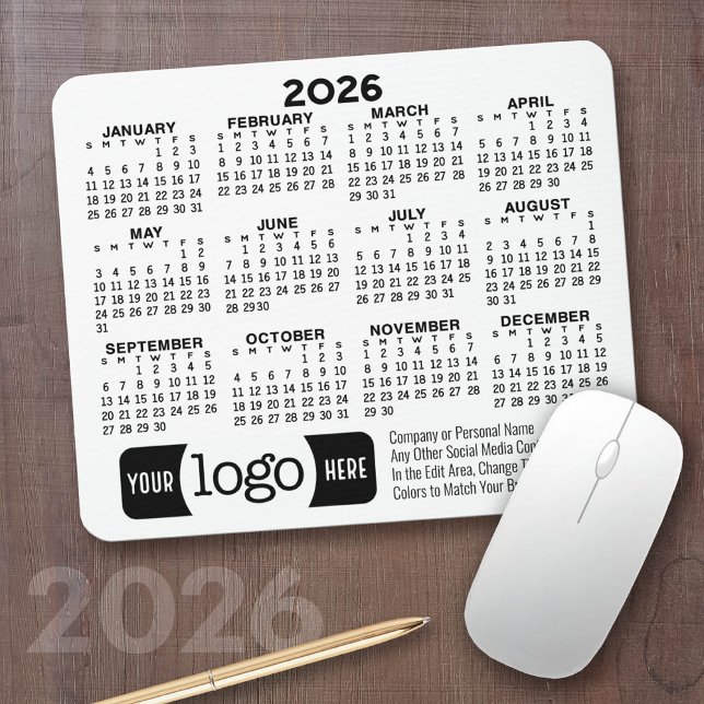 Tapis De Souris Calendrier avec logo, Coordonnées Blanc (2026 Calendar on a Mousepad)