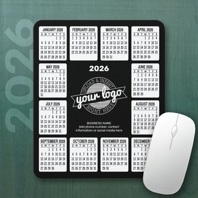 Tapis De Souris Calendrier avec logo Coordonnées Noir Blanc (2026 Calendar Mousepad)