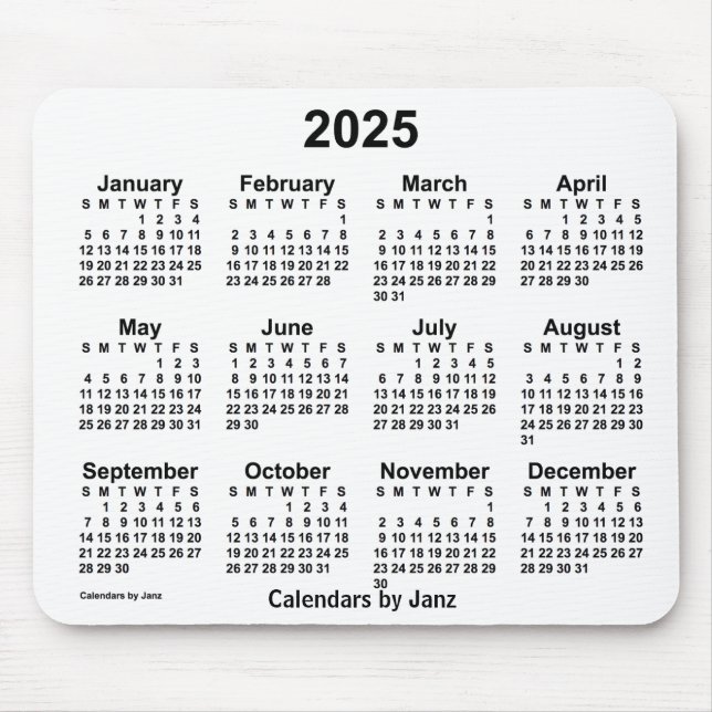 Tapis De Souris Calendrier blanc 2025 par Janz Mouse Pad (Devant)