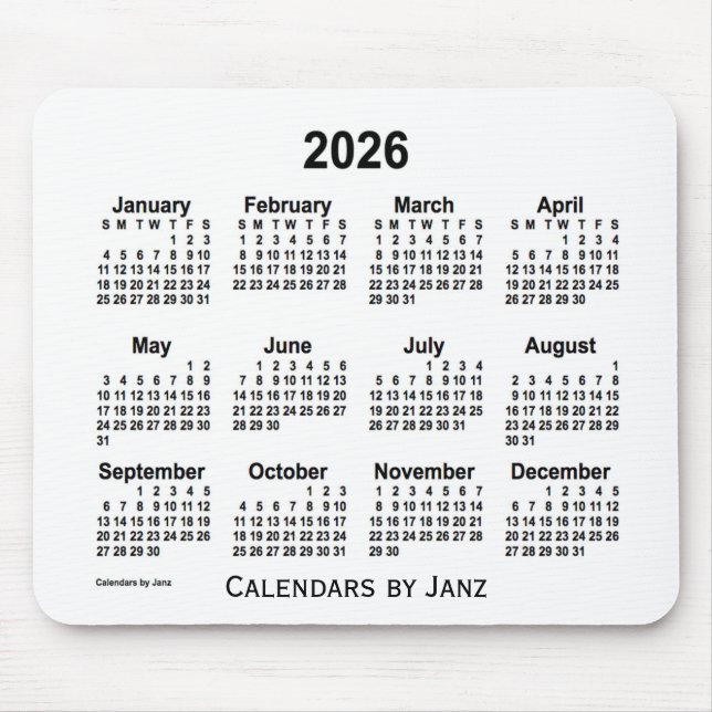Tapis De Souris Calendrier blanc 2026 par Janz Mouse Pad (Devant)