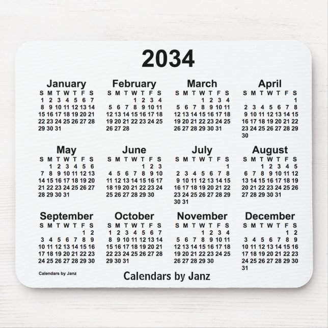 Tapis De Souris Calendrier blanc 2034 par Janz Mouse Pad (Devant)