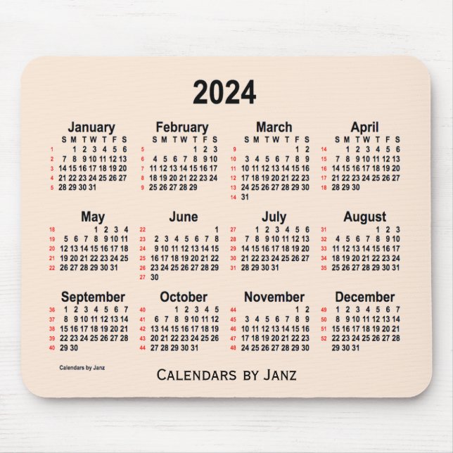 Tapis De Souris Calendrier blanc 52 semaines 2024 par Janz (Devant)