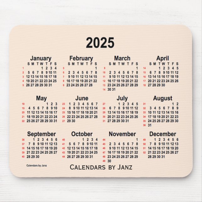 Tapis De Souris Calendrier blanc 52 semaines 2025 par Janz (Devant)
