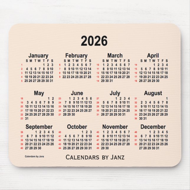 Tapis De Souris Calendrier blanc 52 semaines 2026 par Janz (Devant)