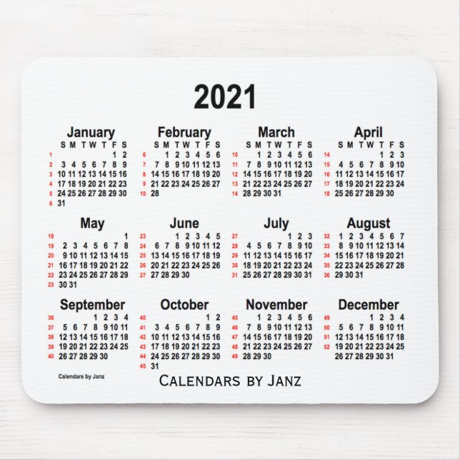 Tapis De Souris Calendrier blanc de 52 semaines 2021 par Janz (Devant)