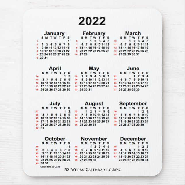 Tapis De Souris Calendrier blanc de 52 semaines 2022 par Janz (Devant)