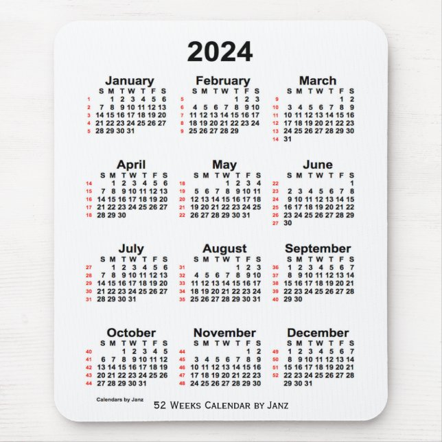 Tapis De Souris Calendrier blanc de 52 semaines 2024 par Janz (Devant)
