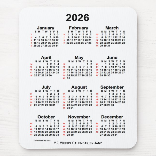 Tapis De Souris Calendrier blanc de 52 semaines 2026 par Janz (Devant)