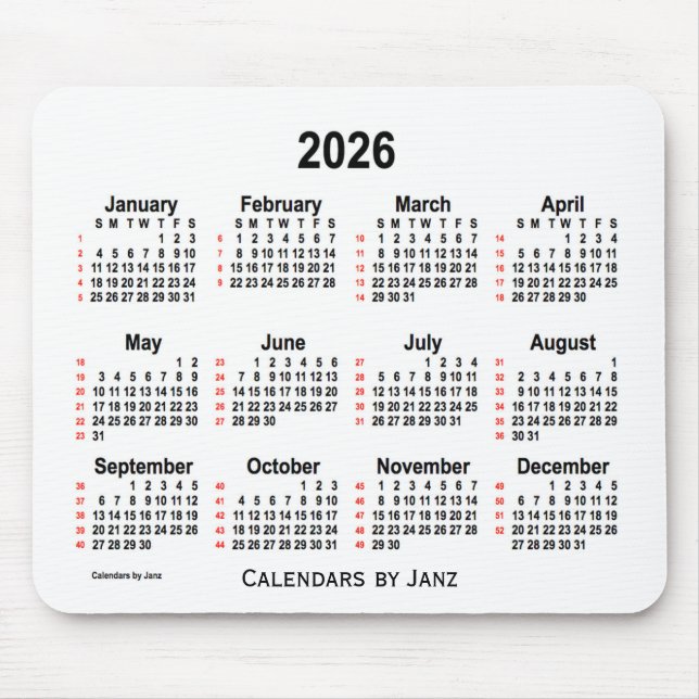 Tapis De Souris Calendrier blanc de 52 semaines 2026 par Janz (Devant)