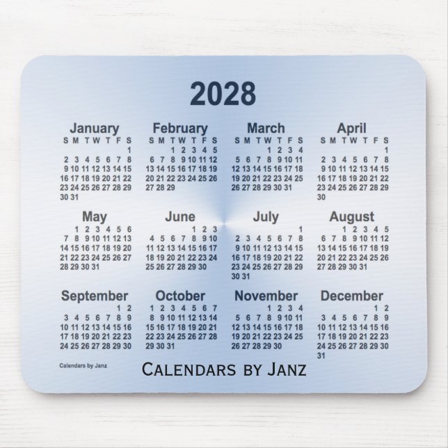 Tapis De Souris Calendrier blanc de l'année bissextile 2028 par Ja (Devant)