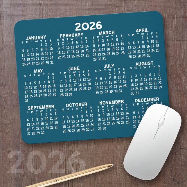 Tapis De Souris Calendrier - bleu moderne et blanc simple (2026 Calendar on a Mousepad)