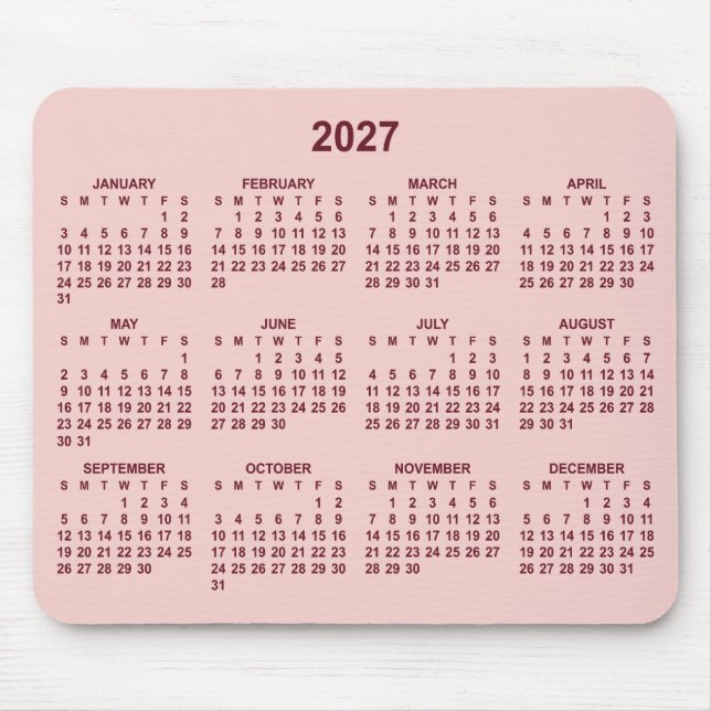 Tapis De Souris Calendrier Bourgogne Rouge Clair 2027 (Devant)