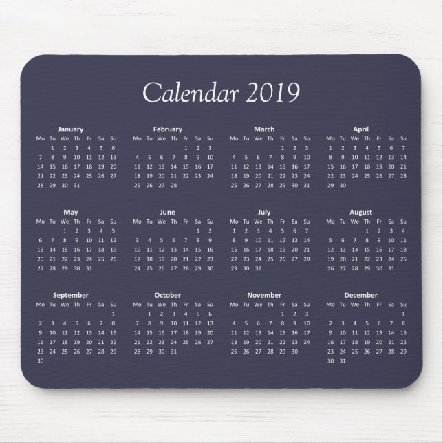Tapis De Souris Calendrier Classique Simple Bleu Et Blanc 2019 (Devant)