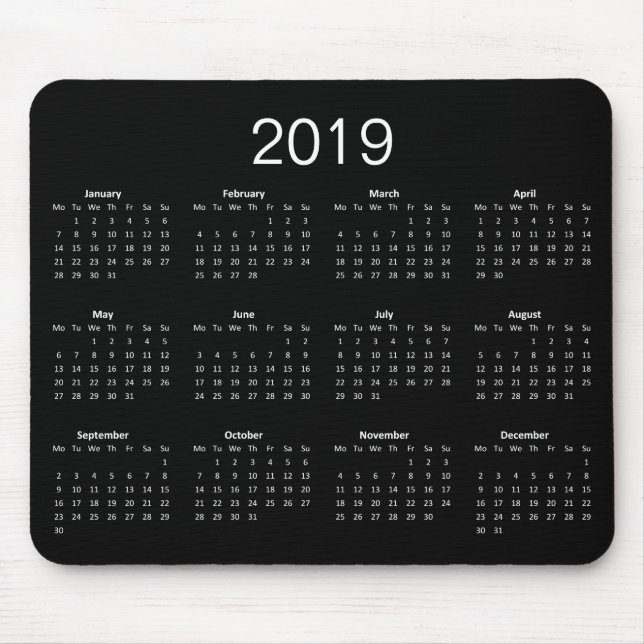 Tapis De Souris Calendrier Classique Simple Noir Et Blanc 2019 (Devant)