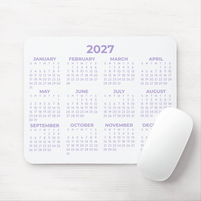 Tapis De Souris Calendrier complet 2027 Lavande Violet Blanc (Avec souris)