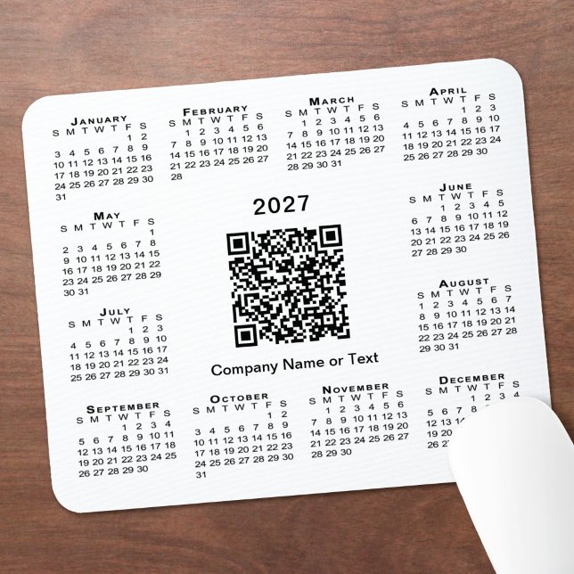 Tapis De Souris Calendrier d'affaires simple 2027 Code QR Blanc (Simple 2027 Calendar Business QR Code White Mouse Pad in situ)