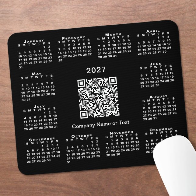 Tapis De Souris Calendrier d'affaires simple 2027 Code QR Noir (Simple 2027 Calendar Business QR Code Black Mouse Pad in situ)