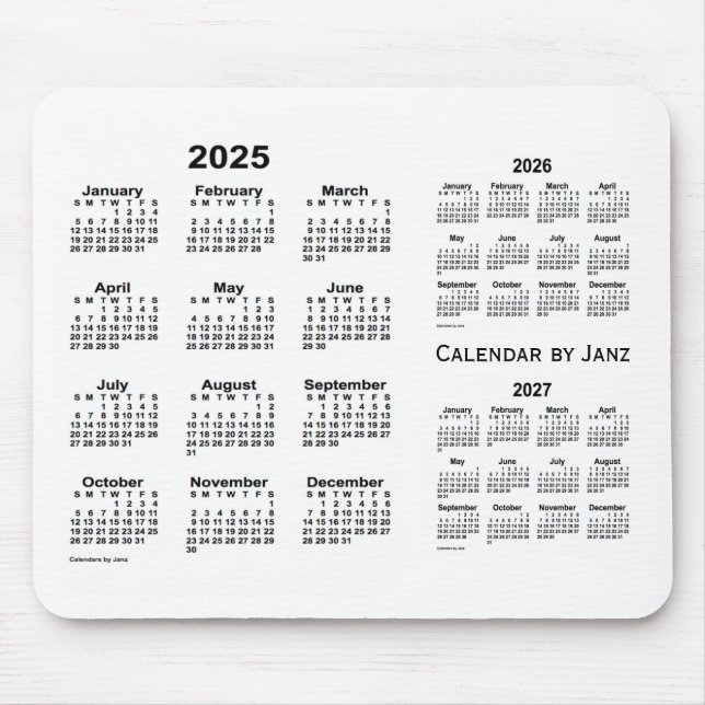 Tapis De Souris Calendrier de 3 ans 2025-2027 blanc par Janz (Devant)