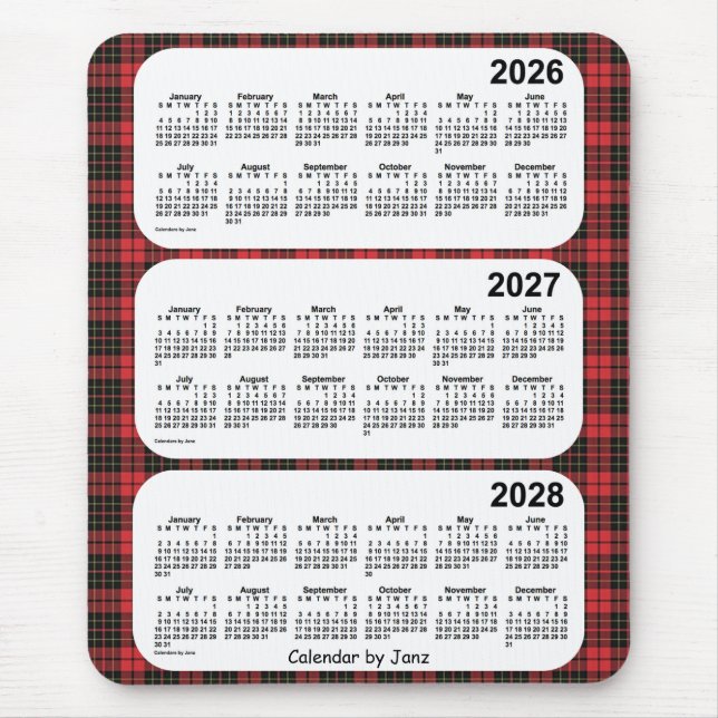 Tapis De Souris Calendrier de 3 ans 2026-2028 Red Plaid par Janz (Devant)