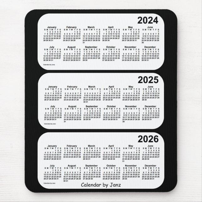Tapis De Souris Calendrier de 3 ans noir et blanc 2024-2026 par Ja (Devant)