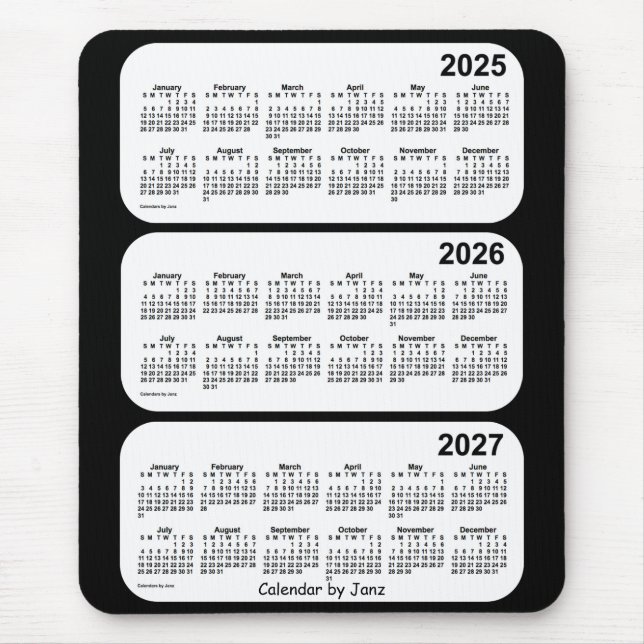 Tapis De Souris Calendrier de 3 ans noir et blanc 2025-2027 par Ja (Devant)