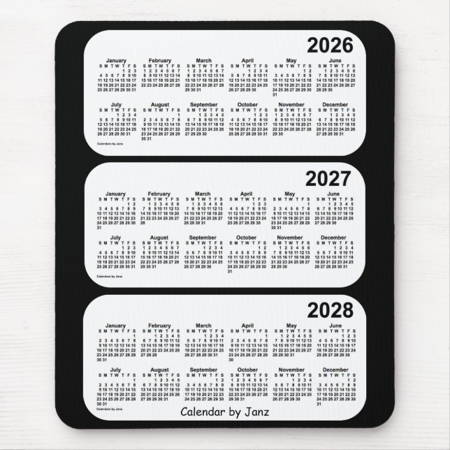 Tapis De Souris Calendrier de 3 ans noir et blanc 2026-2028 par Ja (Devant)