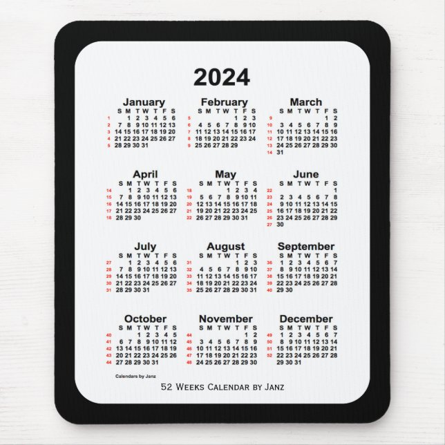 Tapis De Souris Calendrier de 52 semaines 2024 avec deux tons noir (Devant)