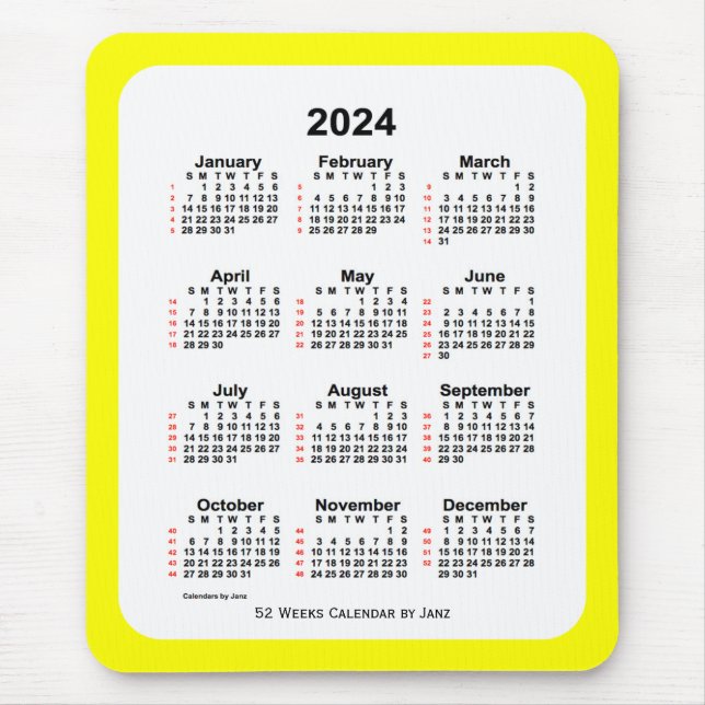 Tapis De Souris Calendrier de 52 semaines 2024 Jaune à deux tons p (Devant)