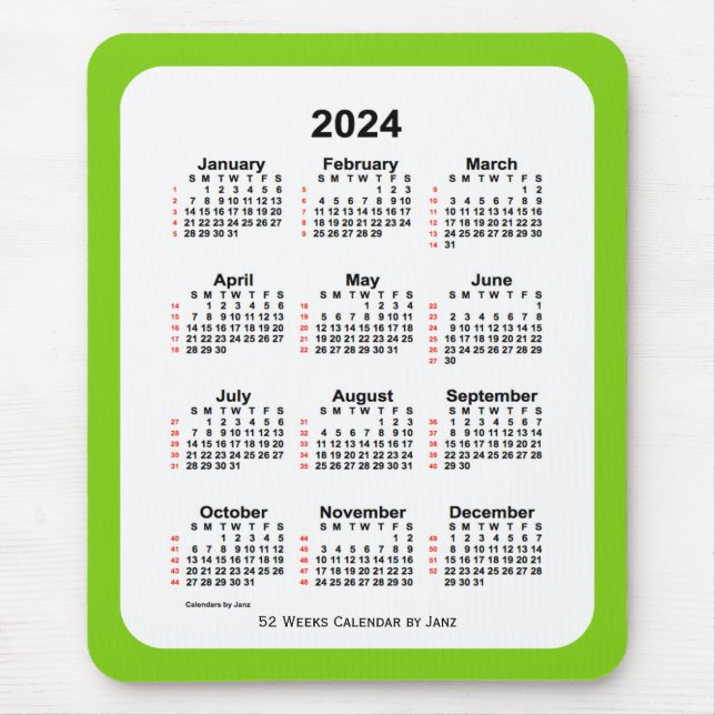 Tapis De Souris Calendrier de 52 semaines 2024 vert jaune par Janz (Devant)