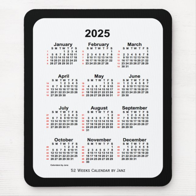 Tapis De Souris Calendrier de 52 semaines 2025 avec deux tons noir (Devant)