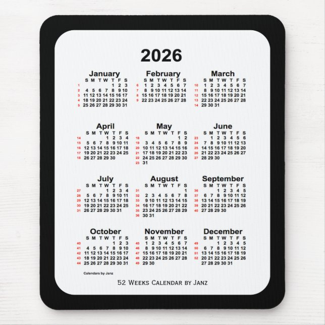 Tapis De Souris Calendrier de 52 semaines 2026 avec deux tons noir (Devant)