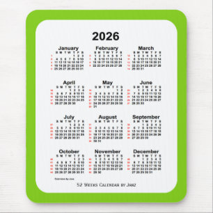 Tapis De Souris Calendrier de 52 semaines 2026 Jaune vert par Janz
