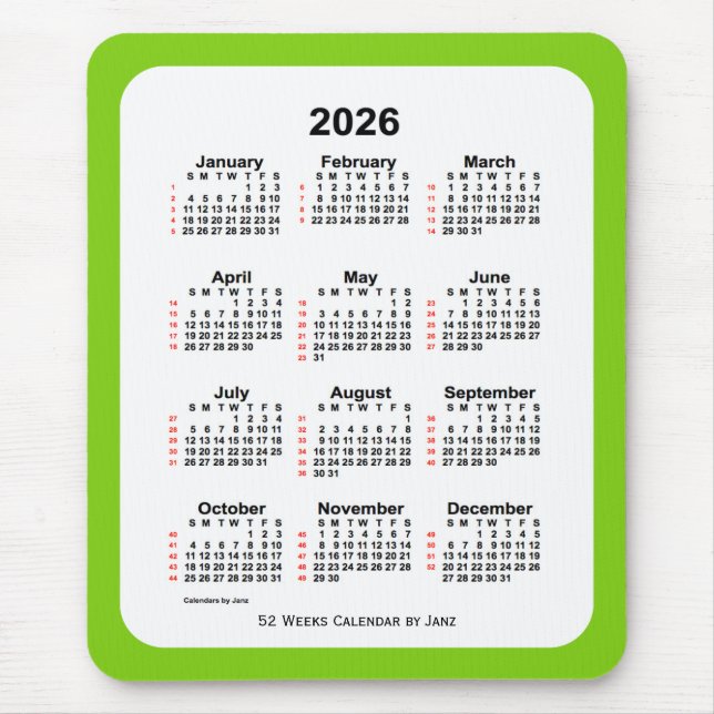 Tapis De Souris Calendrier de 52 semaines 2026 Jaune vert par Janz (Devant)