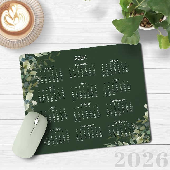 Tapis De Souris Calendrier de bureau 2026 Elégant vert foncé Eucal (2026 Elegant Dark Green Eucalyptus Desk Calendar Mouse Pad)