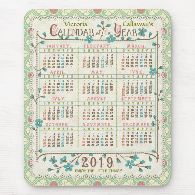 Tapis De Souris Calendrier de l'année 2019 Art Nouveau victorien | (Devant)
