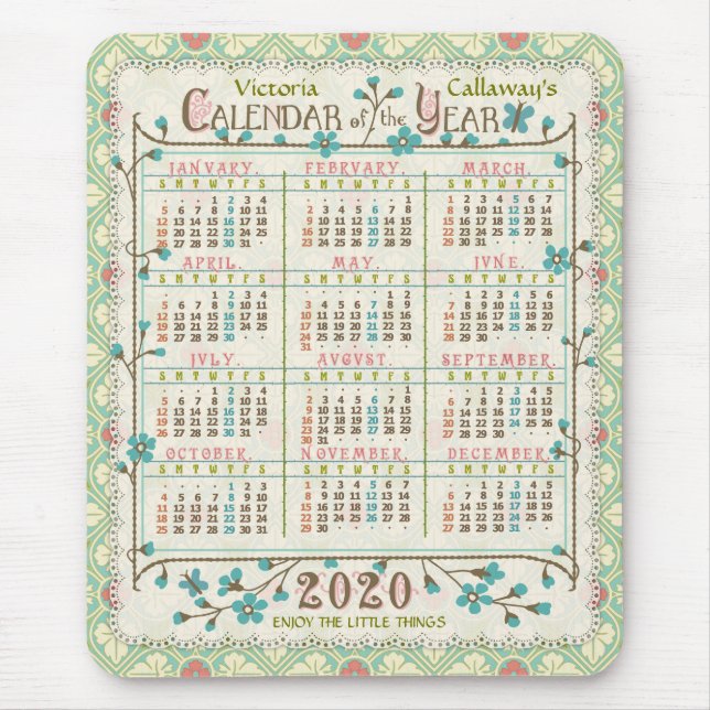 Tapis De Souris Calendrier de l'année 2020 Art Nouveau victorien | (Devant)