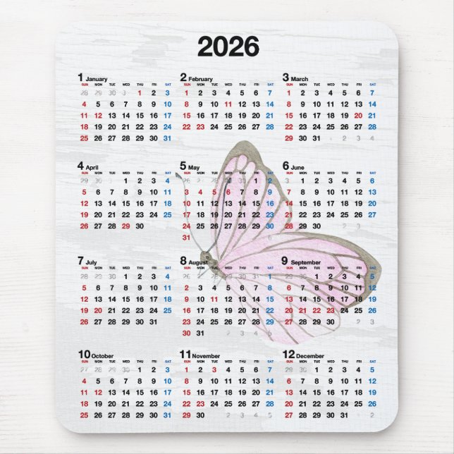 Tapis De Souris Calendrier de l'année 2026 et Papillon Rose  (Devant)