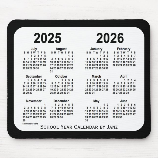 Tapis De Souris Calendrier de l'école noire et blanche 2025-2026 p (Devant)