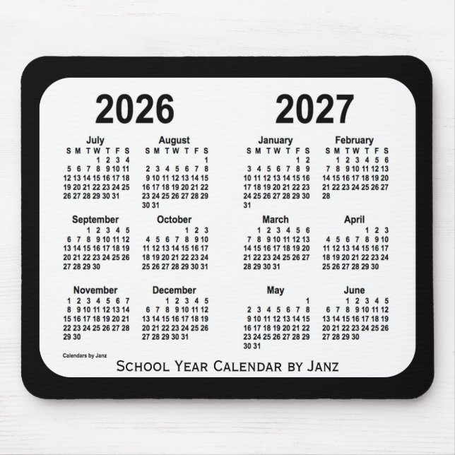Tapis De Souris Calendrier de l'école noire et blanche 2026-2027 p (Devant)