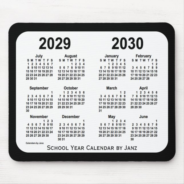 Tapis De Souris Calendrier de l'école noire et blanche 2029-2030 p (Devant)