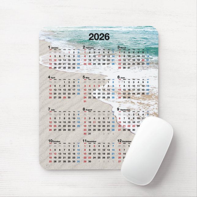 Tapis De Souris Calendrier de sable de plage océanique 2026 (Avec souris)
