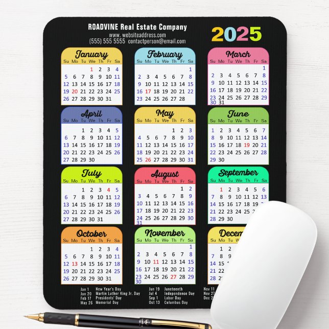 Tapis De Souris Calendrier des couleurs 2025 Jours fériés américai (Créateur téléchargé)
