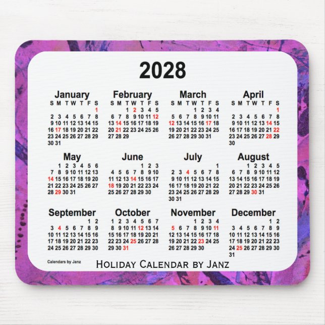 Tapis De Souris Calendrier des fêtes de Magenta 2028 par Janz (Devant)