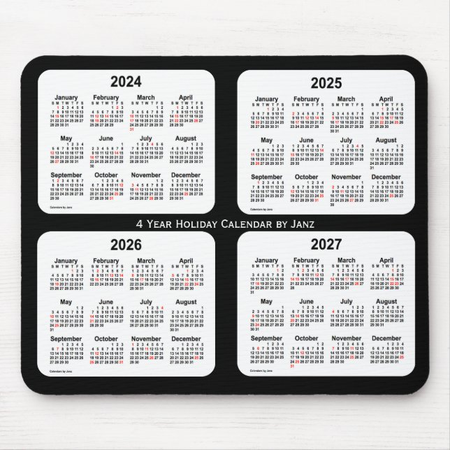 Tapis De Souris Calendrier des fêtes noires et blanches 2024-2027  (Devant)