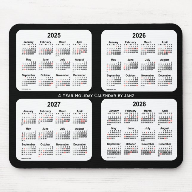 Tapis De Souris Calendrier des fêtes noires et blanches 2025-2028  (Devant)