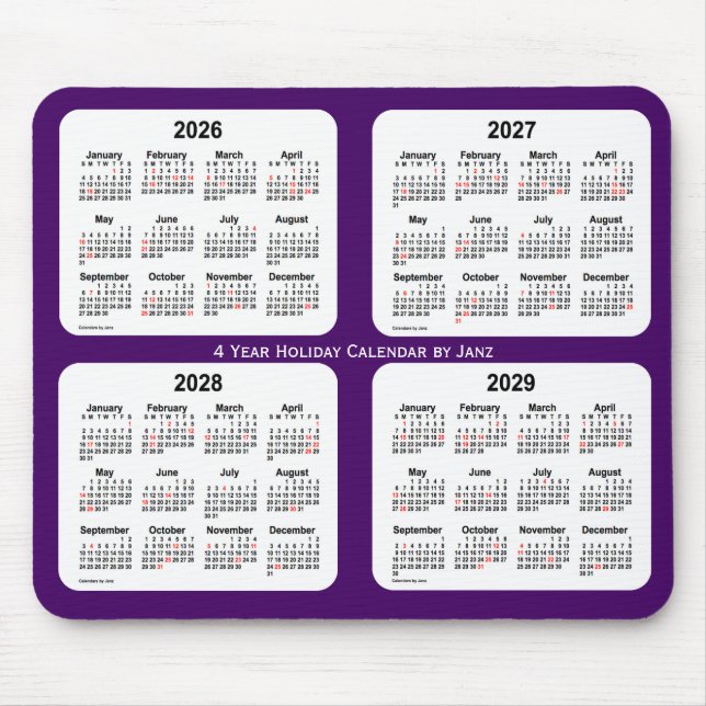 Tapis De Souris Calendrier des fêtes pourpres 2026-2029 par Janz (Devant)