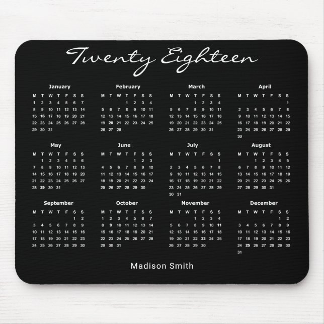 Tapis De Souris Calendrier élégant simple noir 2018 (Devant)